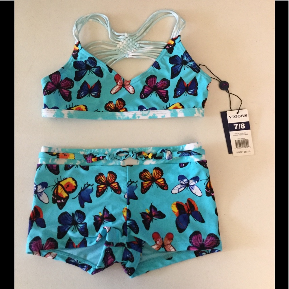 NWT Vigoss Girls 7/8 swimsuit brt turq butterflies